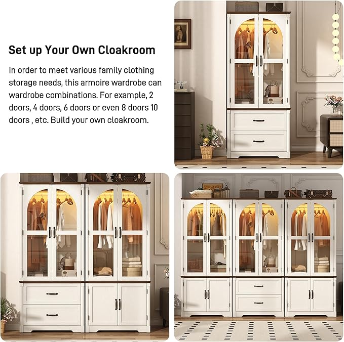 Tall Farmhouse 4 Doors Armoire Wardrobe Closet with LED ,72" Freestanding Arched Wardrobe Closet Cabinet for Bedroom w Glass Doors/Drawers,Wooden Clothing Storage Cabinet,Closets for Bedroom(Off Whit)