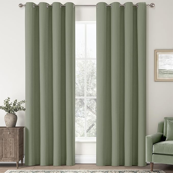 ChrisDowa 100% Blackout Linen Curtains, 2 Panels Set Thermal Insulated Room Darkening Curtains for Living Room, Privacy Grommet Window Curtains for Bedroom (Sage Green, 52 x 120 Inch)