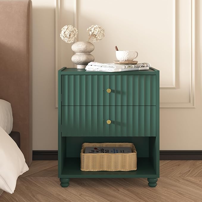 Modern Nightstand, Fluted End Table with 2 Drawers, Nightstand with Open Shelf for Bedroom (1, Green)