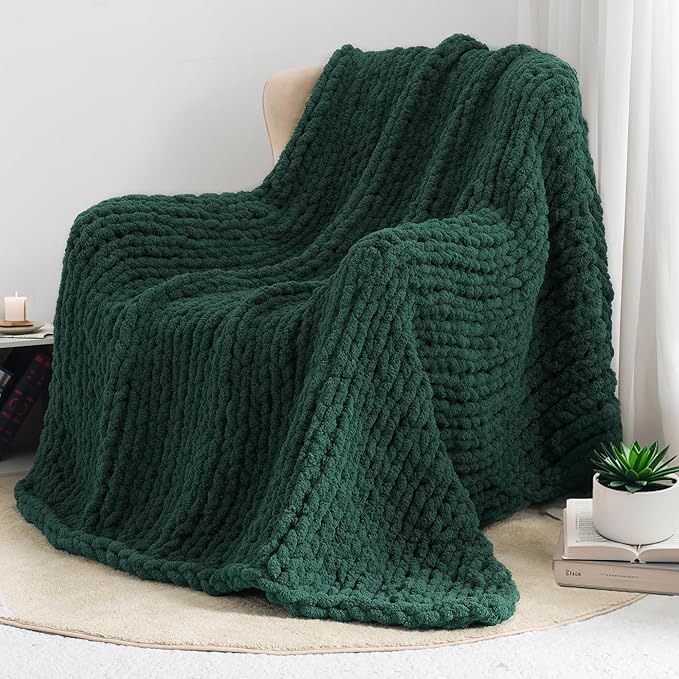 Chunky Knit Throw Blanket 50"X 60", 100% Handmade with Soft Chenille Yarn, 4.4lbs Thick Cable Knitted Blankets, Large Rope Knot Crochet Throws for Couch Sofa Bed Home Decor, Dark Green