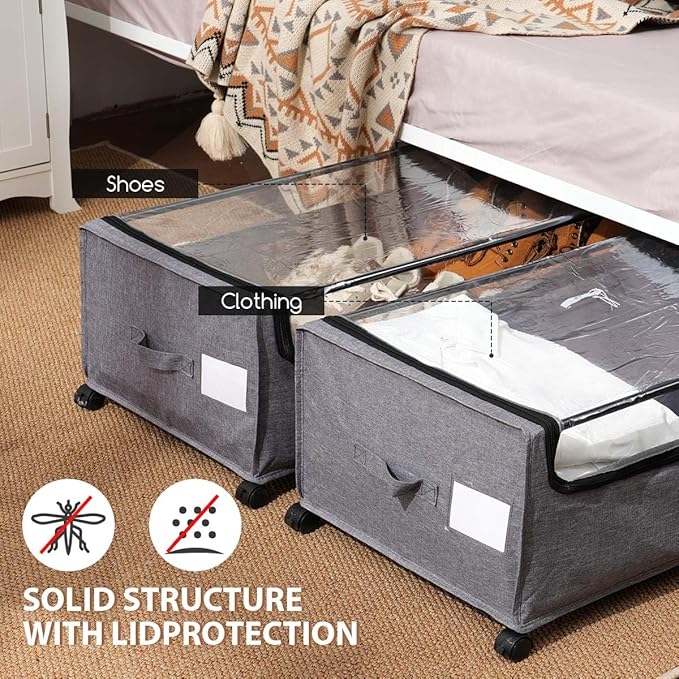4-Packs Under Bed Storage with Wheels, Under The Bed Storage Drawers On Wheels, Rolling Underbed Drawers, Lockable, Heavy Duty, XXXXL Size 90L