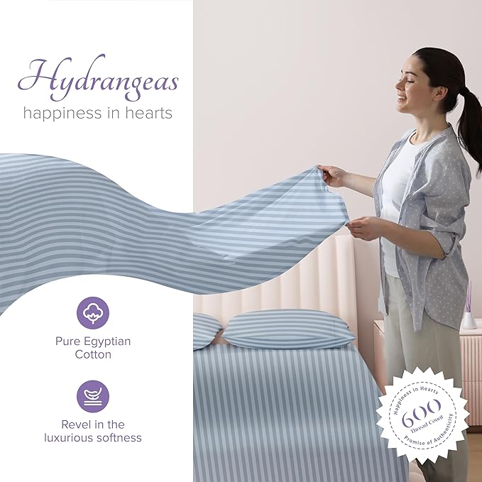 Carressa Linen Luxury Egyptian Cotton Queen Stripe Sheet Set, 600 Thread Count Extra Long Staple 4 PC Set, Queen Damask Sheets, Soft, Cooling Sateen Weave Sheets Upto 18" Deep Pocket - Light Blue