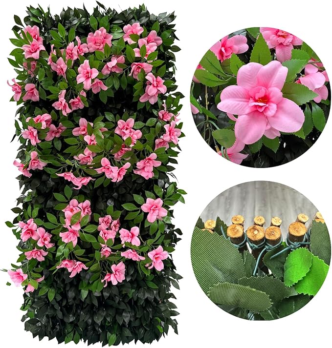 Sumery Expandable Fence Privacy Screen for Balcony Patio Outdoor,Decorative Faux Ivy Fencing Panel,Artificial Hedges (Single Sided Leaves) (2, Branches -Pink Fowers)