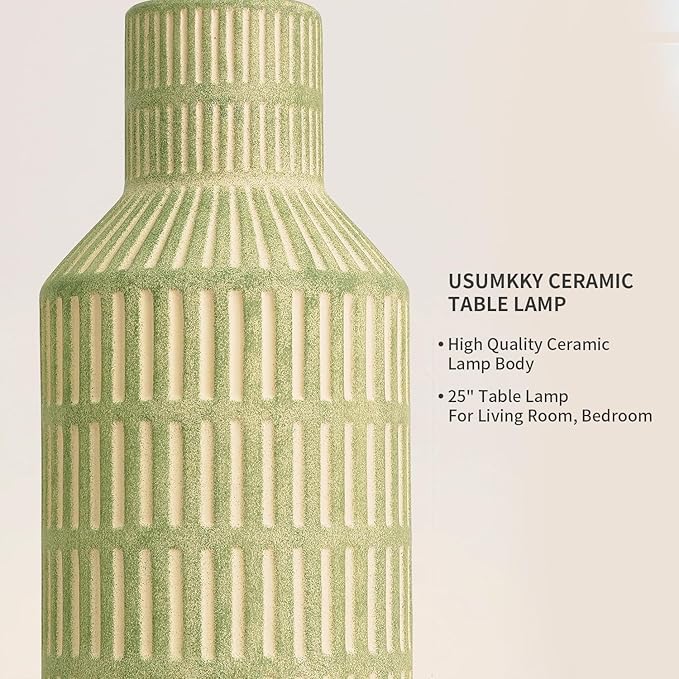 25" Green Ceramic Table Lamp - Modern Bedside Nightstand Lamp, Easy Assembly Twist Knob Switch for Bedroom Living Room Home Office Decor (Bulb Not Included)