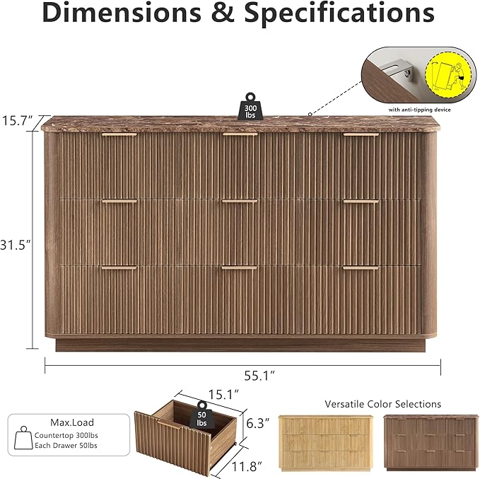 win2win 9 Drawer Dresser, Mid Century Modern Dresser with Storage, 55" Wide Fluted Chest of Drawers with Faux Marble Top, Dressers TV Stand, Drawers Organizer for Bedroom, Living Room, Hallway, Walnut