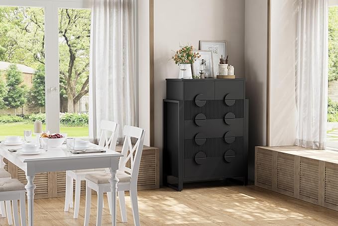 LGHM Fluted Dresser for Bedroom with 6 Drawers, Modern 6 Drawers Dressers with Semicylinder Fluted, Solid Chest of Drawers, 44.5" Tall Dresser with Stable Steel Frame, Metal Handles, Black