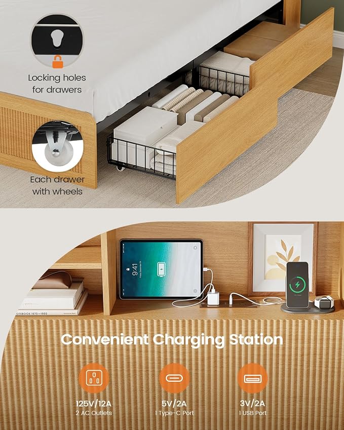 AOGLLATI Twin Bed Frames with 4 Storage Drawers and Hidden Storage Headboard, Wood Led Fluted Twin Bed with Charging Station and Curved Profile Design, No Box Spring Needed, Wood