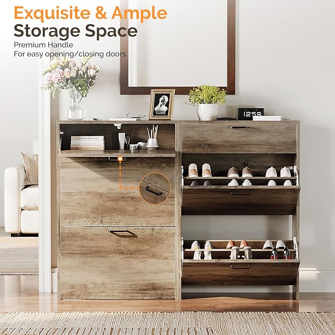 VINGLI Shoe Cabinet Storage for Entryway Ultra Slim with 2 Flip &1Drop-Down Drawers, 24.8" W Narrow Shoe Cabinet for Front Door Entrance,Freestanding Washed Gray Wood Shoes Organizer for Hallway