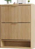 Fluted Shoe Cabinet Storage with 2 Flip Drawers, Narrow Shoe Storage Organizer for Entryway, Hidden Slim Wooden Shoe Rack Cabinet for Front Door Entrance, Hallway, Living Room (2-Drawer, Oak)