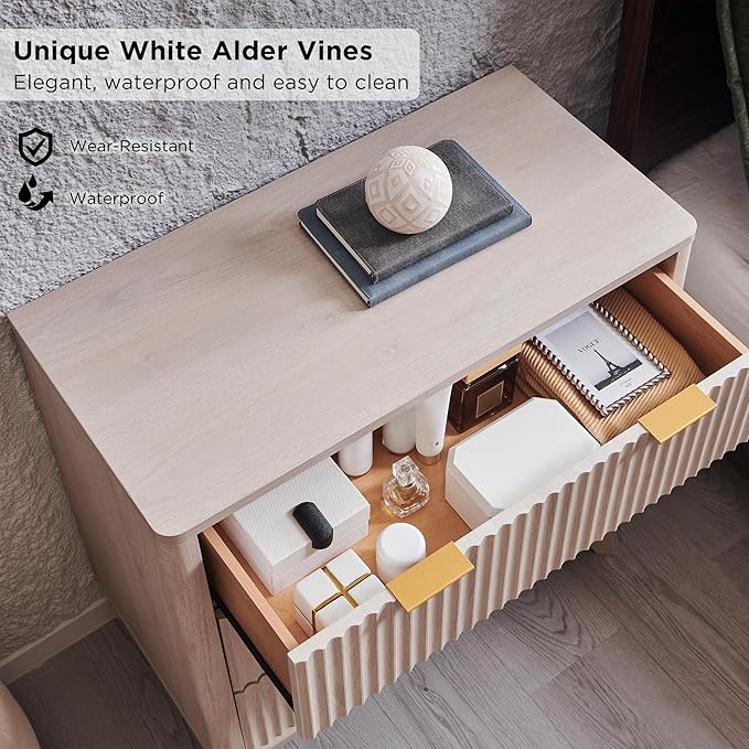 T4TREAM Fluted 3 Drawers Nightstand, Oversized Extra Large Modern Side Table, End Table Bedside for Bedroom, Living Room, Curved Profile Design, White Alder