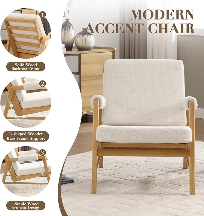 HEAH-YO Modern Accent Chair, Upholstered Linen Fabric Living Room Chair with Wooden Frame, Comfy Armchair with Thick Cushion for Bedroom Balcony, Beige