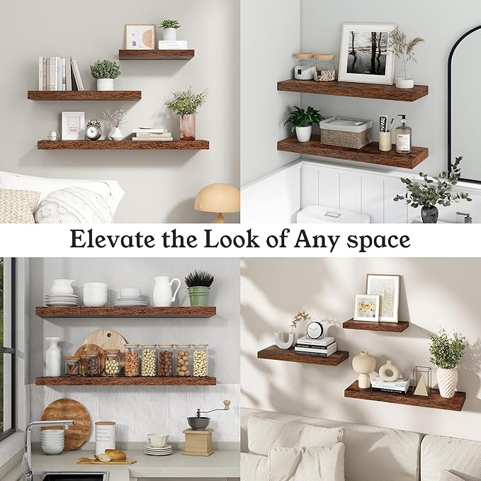 Floating Shelves for Wall, 9.3" Deep Wall Mounted Rustic Wood Shelves for Bathroom, Bedroom, Living Room, Kitchen, Hanging Shelf for Books/Storage/Room Decor (Brown, 30")