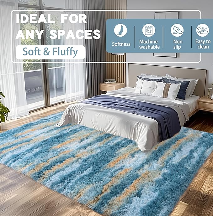 Fluffy Rugs for Living Room, 6x9 Feet Abstract Blue Large Shag Area Rugs for Bedroom, Non-Slip Indoor Modern Fuzzy Plush Floor Carpet for Dorm Nursery Kids Room Decor, Soft Shaggy Throw Rug