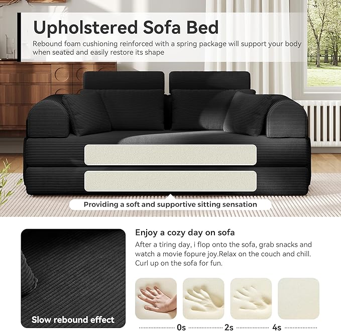 Upgrade High Backrest Design Sofa Bed with Fixed-Shape Frame & Removable Armrests and Backrest, Corduroy Fabric, Convertible Mattress Couch for Small Spaces - No Assembly Needed (High Backrest Black)