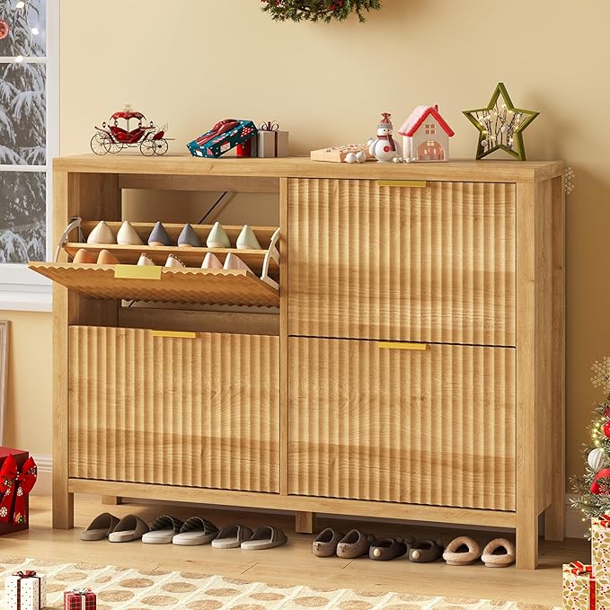 Shoe Cabinet Storage for Entryway, Fluted Shoe Cabinet with 4 Flip Drawers, Hidden Shoe Rack Freestanding Wooden Shoe Organizer with Legs for Hallway, Oak