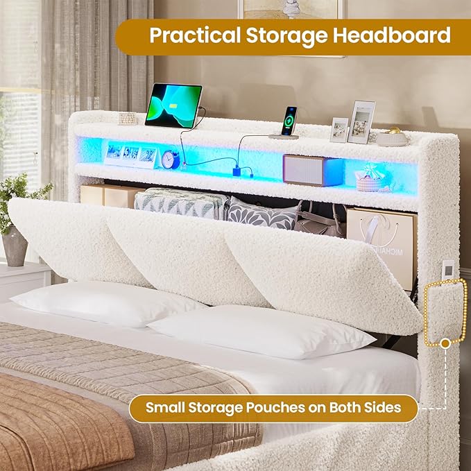 VIAGDO Queen Bed Frame with Storage Headboard and Charging Station, Boucle Upholstered Bed Frame Queen Size with 4 Drawers and LED Lights, Type C and USB, No Box Spring Needed, Cream White