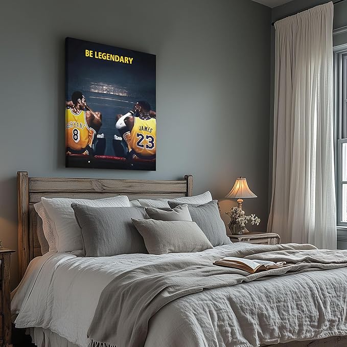 Kobe Bryant and LeBron James Canvas Wall Art Print Poster, Be Legendary Inspirational Sports Picture Artwork, Motivational Mamba Mentality Wall Decor for Home Office Gym Living Room, Framed 20x24inch