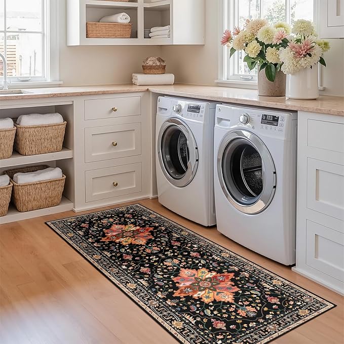 Area Rugs 2'x6' Washable Non-Slip, Floral Vintage Distress Print Pattern Medallion Carpet for Living Room Bedroom Dining Room, Black Colorful Floral Dark Tan