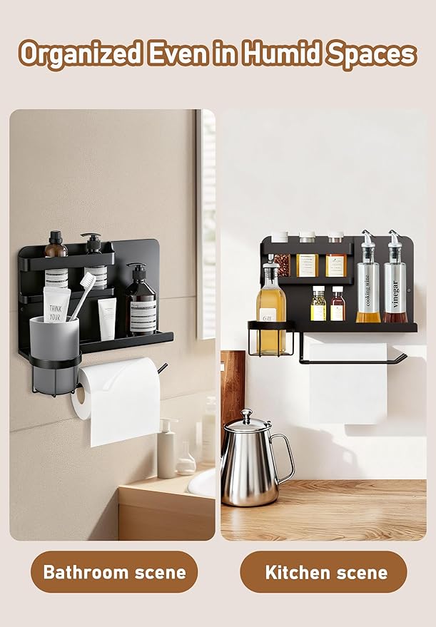 Bedside Wall Organizer Metal Shelf with Cup & Tissue Holder – Waterproof Wall Storage Rack for Dorm Room, Bathroom, Kitchen, and Office (White)