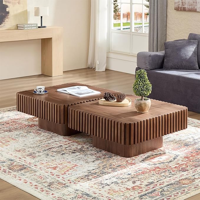 LKTART Square Coffee Table for Living Room, Accent Fluted Coffee Table with Storage, Modern Solid Wood Veneered Large Center Tea Table for Small Space Apartment (31.5''D×14''H-Walnut)