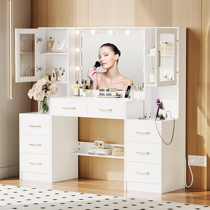 58.3”Vanity Desk with Mirror and Charging Station, Bedroom Dressing Table, Large Vanity Set, 8 Drawers and 2 Cabinets, Makeup Vanity Table with Charging Station, Without Lights
