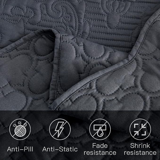CHIXIN Bedspread Coverlet Quilt Set Full Size - Lightweight Bedding Cover - Ultrasonic Quilting - 5 Piece Reversible Bedspread - Elegant Damask Paisley Pattern (Full, Dark Grey)