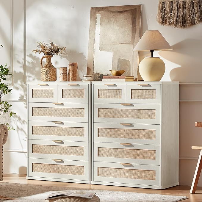 LEYAOYAO White Dresser for Bedroom, 41" Tall Chest of Drawers, Modern 6 Drawers Boho Rattan Dressers with Storage, Dresser Wooden Closet Organizer for Living Room, Hallway