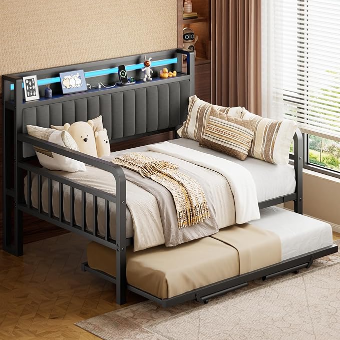 Daybed with Trundle and LED Light, Heavy Duty Metal Full Bed Frame with Upholstered Storage Headboard & Charging Station, Day Bed Pop Up Trundle Bed for Living Room,Bedroom and Guest Room, Black