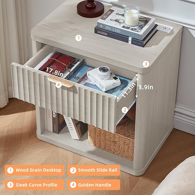 LEYAOYAO Fluted Nightstand with Charging Station, 23" Wide 1 Drawers Night Stand,LightGrey End Table with Open Storage,Farmhouse Bed Side Tables, Wood Dresser for Bedroom, Living Room, Closet