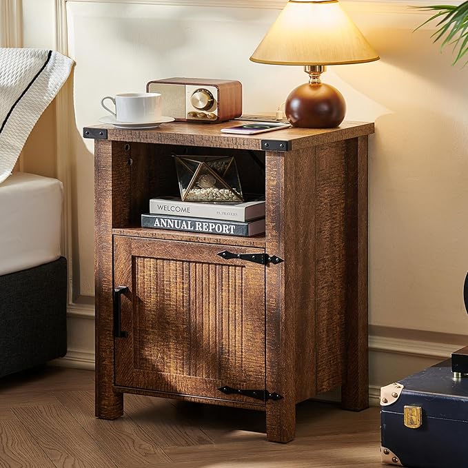 Joaxswe Night Stand Set of 2, 18 Inch Farmhouse Nightstand with with Charging Station and USB Port, Rustic Wood Bedside Table with Magnetic Door, Bed Side Tables for Bedroom, Reclaimed Barnwood