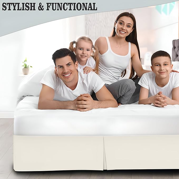 Pleated Bed Skirt Queen Size, 16" Drop with Platform Design for Secure Fit, Split Corners, Wrinkle-Resistant Microfiber for Modern Stylish Look, Tailored Bedding for Hotel Luxury - Ivory