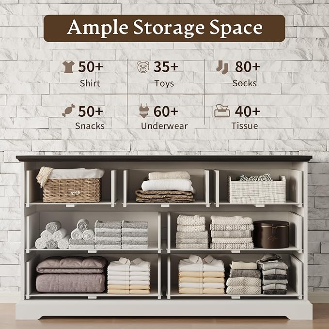 Farmhouse 7 Drawers Dresser for Bedroom, 57" Wide Modern Chest of Drawers with Deep Drawers & Bar Handles, Rustic Wood Dresser TV Stand, Wooden Closet Storage Organizer for Living Room, Hallway, White