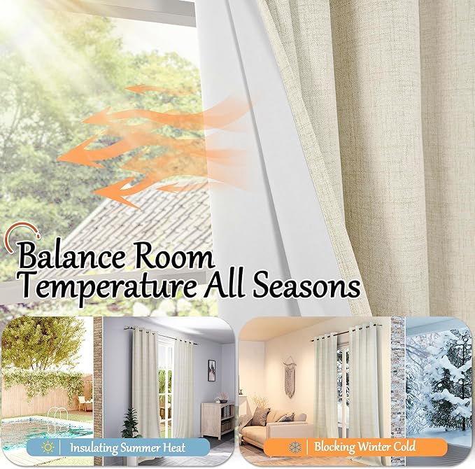 60 Inch Wide Linen Blackout Curtains for Bedroom 63 Inch Length 2 Panels, Total Black Out Thermal Insulated Energy Efficiency Grommet Boho Window Drapes White Liner for Modern Farmhouse, Natural