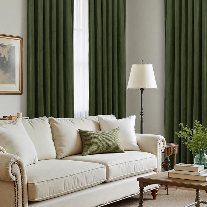 LAMIT 90 Inches Velvet Curtains for Living Room, Olive Green Thermal Insulated Blackout Curtains Luxury Room Darkening Back Tab and Rod Pocket Window Drapes for Bedroom, 2 Panels, 52 x 90 Inch