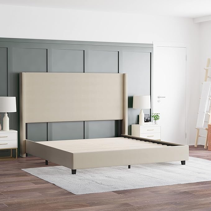 EMMA + OLIVER Nora King Size Faux Linen Upholstered Platform Bed with Plush Padded Wingback Headboard (No Box Spring Needed), Modern Upholstered Headboard King Bed Frame, Beige