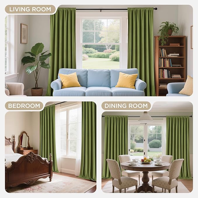 Joydeco Moss Green 100% Blackout Curtains 90 Inch 2 Panels, Luxury Thermal Green Velvet Curtains for Bedroom Living Room, Soundproof Blackout Window Drapes, Rod Pocket & Back Tab (52W x 90L)