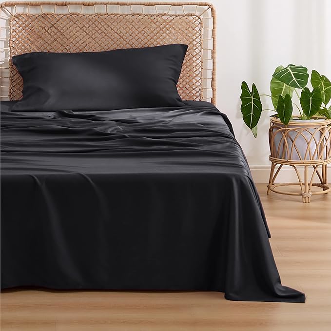 Bedsure Cooling Sheets Twin XL, Rayon Derived from Bamboo, Breathable & Soft Twin XL Sheet Sets, Deep Pocket Up to 16 Inches, Hotel Luxury Silky Dorm Bedding for Hot Sleepers, Black