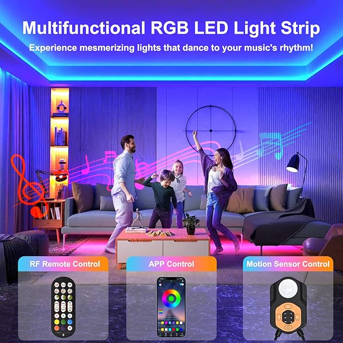 Motion Sensor LED Light Strip 19.68ft 3M*2 Sets Under Bed Lights |3 Modes |Music Sync |Timer | RGB Color Changing |Remote & App Control |Dimmable Motion Activated LED Night Light for Bedroom Cabinet