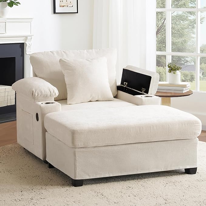 SUNWAVE 58" Chaise Lounge Chair with Ottoman, Chenille Fabric Sofa Bed, Accent Chair with Cupholders & USB Charging Ports for Living Room, Bedroom, Apartment (1 Chaise Ivory)
