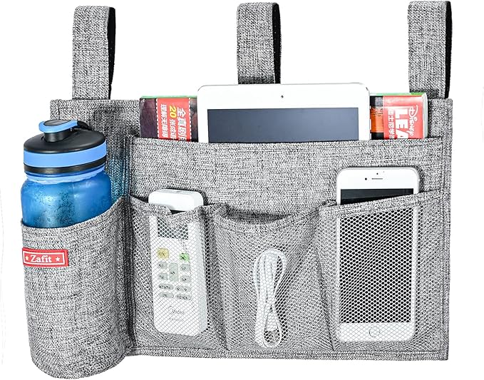 Linen Bedside Caddy, Bedside Storage Organizer for Hospital Beds, College Dorm Rooms or Baby Bed (5 Pockets-Grey)