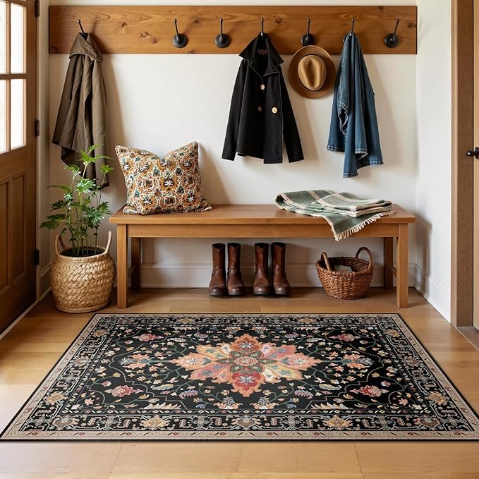 Area Rugs 3'x5' Washable Non-Slip, Floral Vintage Distress Print Pattern Medallion Carpet for Living Room Bedroom Dining Room, Black Colorful Floral Dark Tan