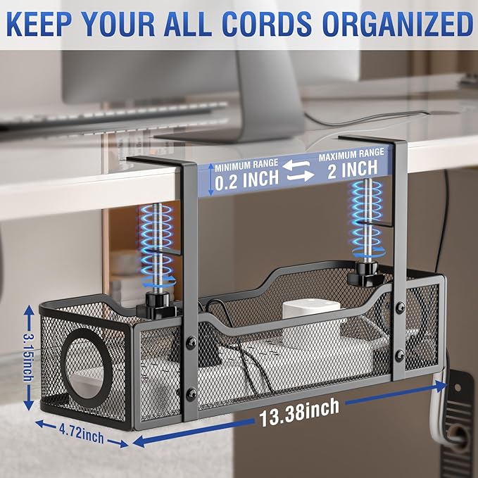 Under Desk Cable Management Tray, GZOKMOG Cord Management with Upgraded Clamp No Drill, Metal Cable Management Box for Home Office, Wire Management for Standing Desk, 2 Pack Black, 13.38 inch