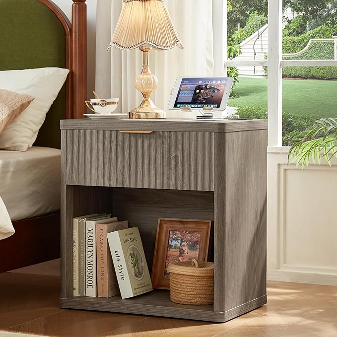 LEYAOYAO 48" Wide Fluted Dresser and 1 Drawers 23" Nightstand Set of 2, Wooden Dresser & Night Stand with Charging Station, 3 Piece Bedroom Furniture Set, Chest of Drawer for Living Room,Grey