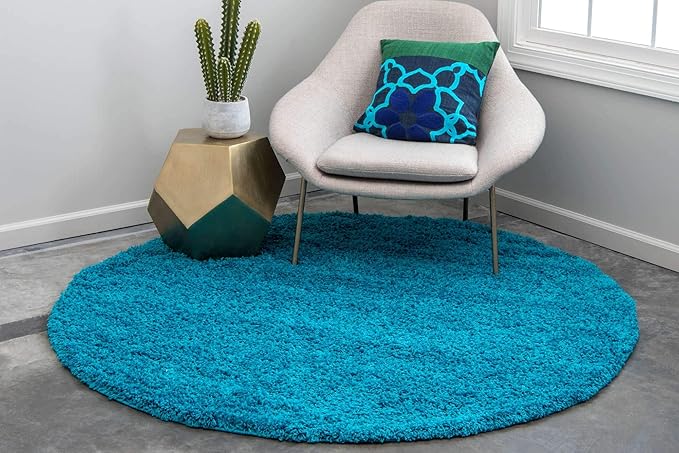 Unique Loom Solid Shag Collection Area Rug (6' 1" Round, Turquoise)