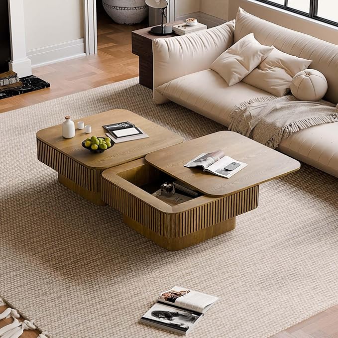 Square Small Coffee Table with Storage, Modern Wooden Coffee Table with Solid Wood Veneered, Fluted Center Table Drum Tea Table for Living Room Apartment, 31.5''L×31.5''W×14''H
