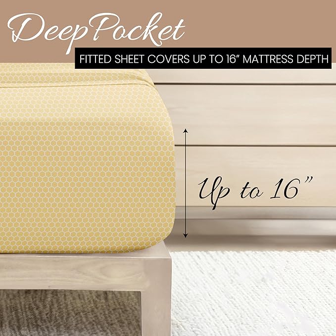 Linen Market Patterned Microfiber King Sheet Set 4 Piece – Oeko-TEX Certified Ultra Soft & Wrinkle-Free - 16" Deep Pocket Sheets - Easy Care King Size - Honeycomb Yellow