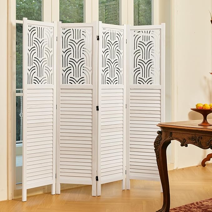 Svimi Folding Room Divider, 66.9 Inch 4 Panels Wood Carved Privacy Screens, Free Assembled Freestanding Portable Separation Wall for Home Office Restaurant Bedroom (White)