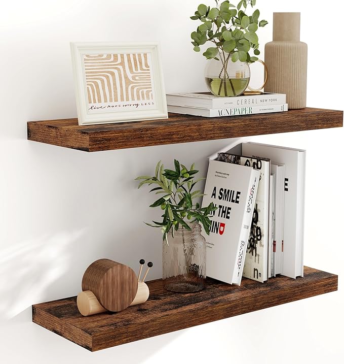 32 Inch Floating Shelves, Wall-Mounted Bathroom Shelves Set of 2, 9.3 Inch Deep Floating Shelf Bookshelf for Living Room, Bedroom, Heavy-Duty Deep Storage Shelf for Wall, Rustic Brown Color