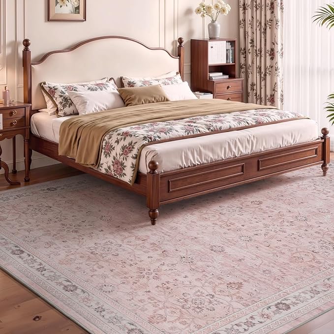 MontVoo-Vintage Area Rug 5X7 Pink Rugs for Living Room-Soft Distressed Printed Rugs for Bedroom-Non Slip Carpet-Machine Washable Rug for Dining Room Living Room Bedside Office