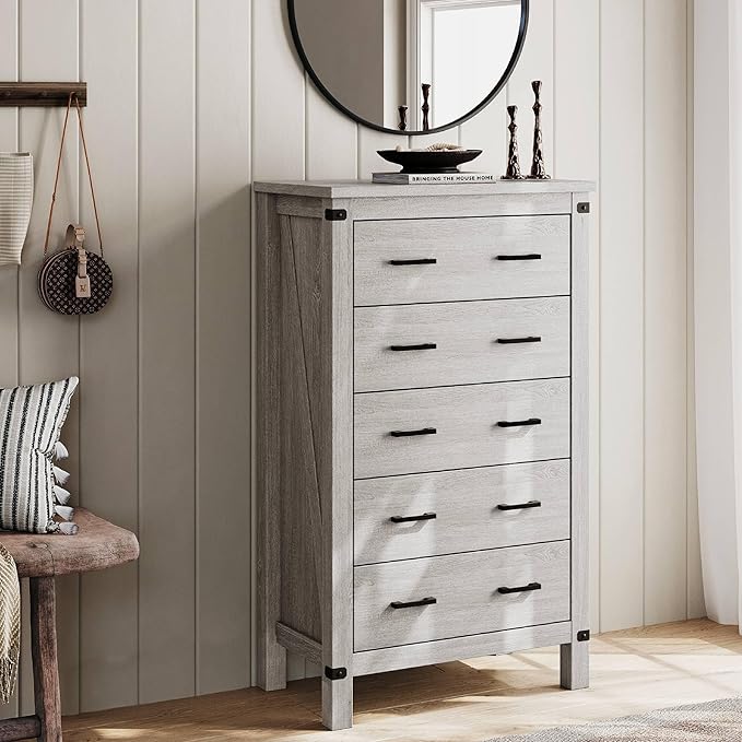 LINSY HOME Farmhouse 5 Drawer Dresser for Bedroom, 46” Tall Rustic Wood Chest with Deep Drawers, Modern Dressers with Spacious Storage and Metal Handles for Closet, Living Room, Hallway, Wash Grey